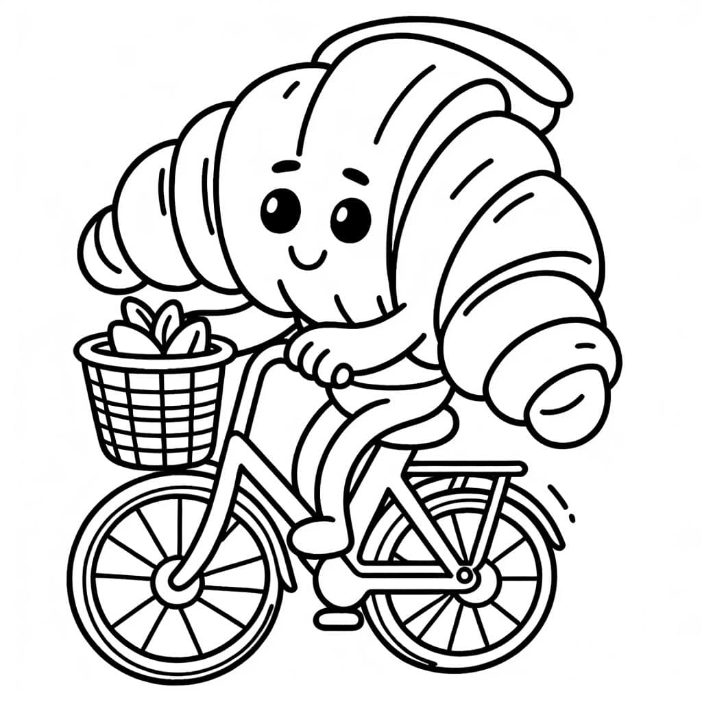 Ein Croissant mit augen, Armen und Beinen auf eknem Fahrrad mit Korb