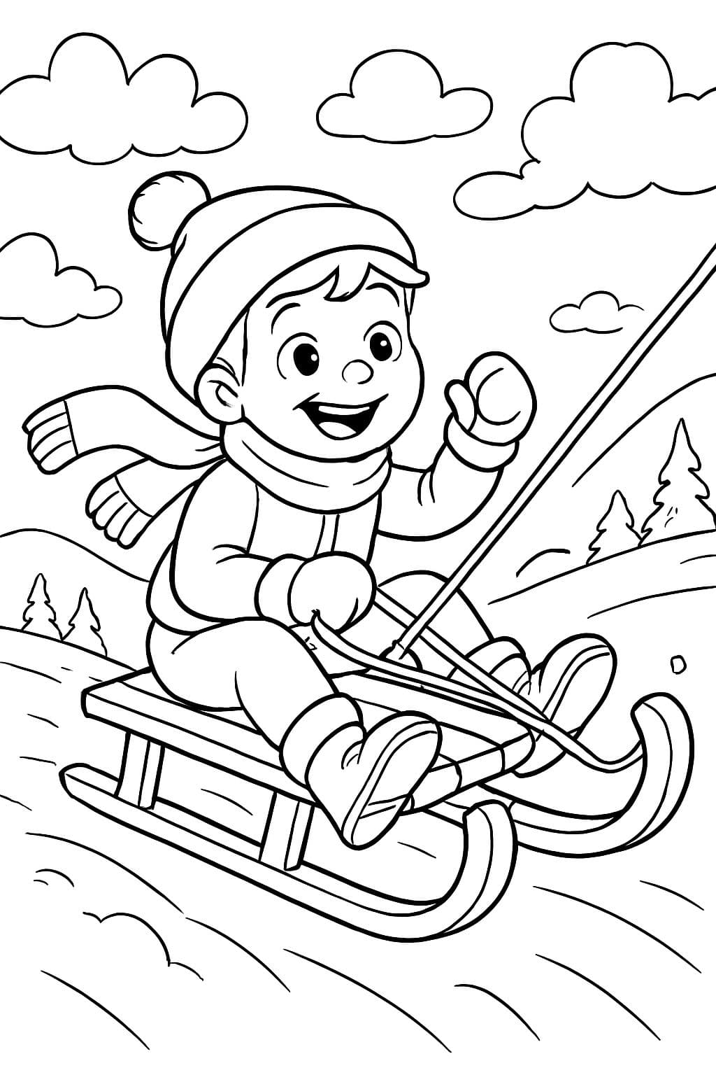 uma criança sentada em um trenó está sendo puxada para cima de uma colina