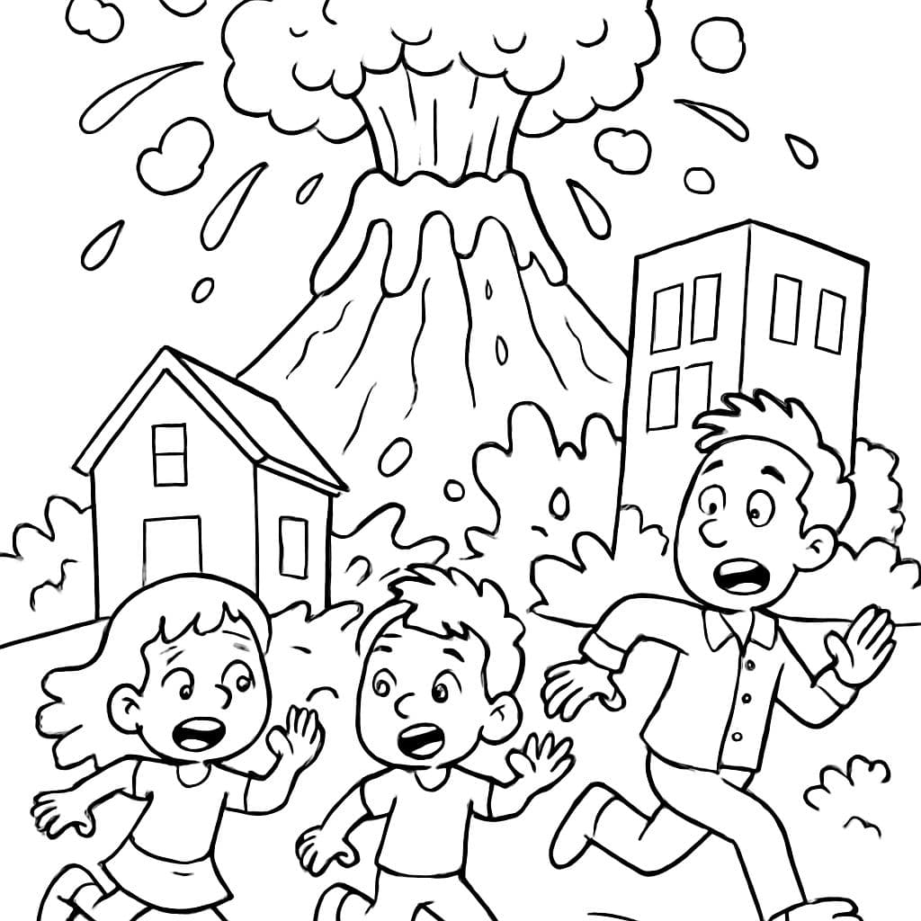 Un volcán en erupción destruyendo una ciudad.