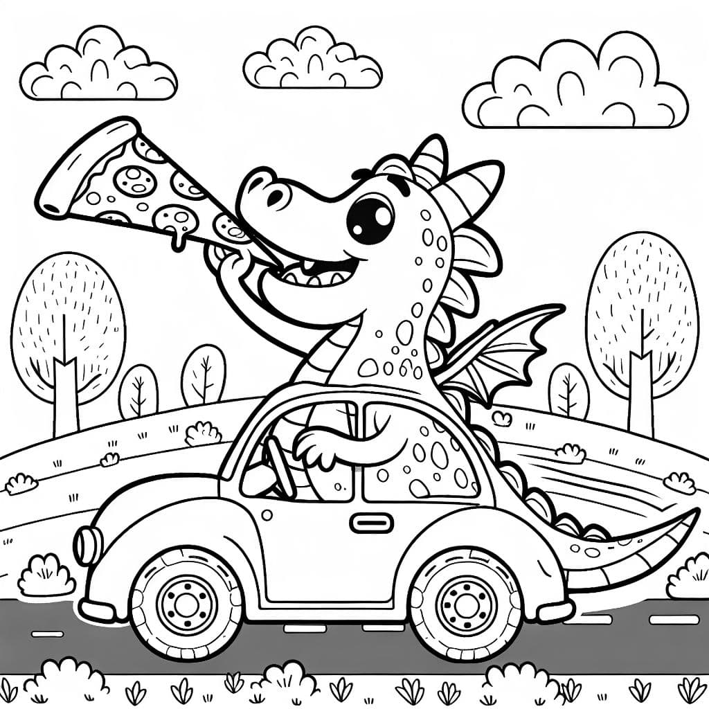 Drache der mit einer Pizza in der Hand Auto fährt und pupst