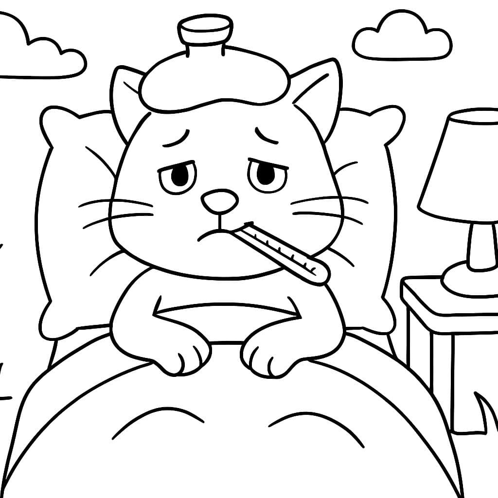 Gato acostado enfermo en la cama con un termómetro en la boca