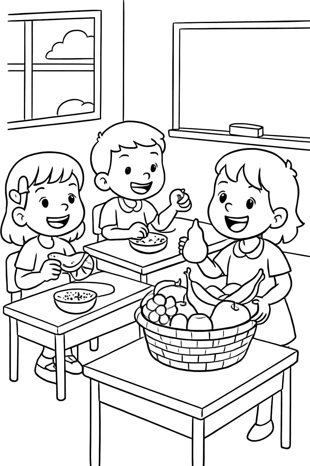some children having breakfast in the classroom and sharing fruit from the basket