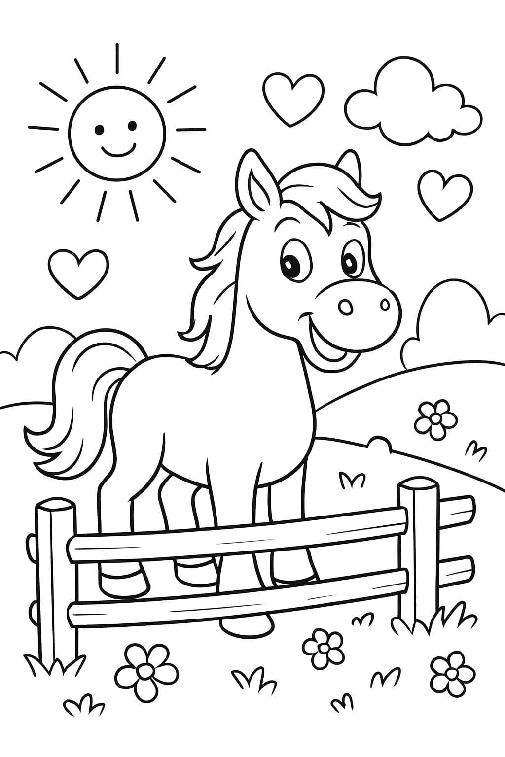 caballo con una cerca y un prado. flores, corazones, sol