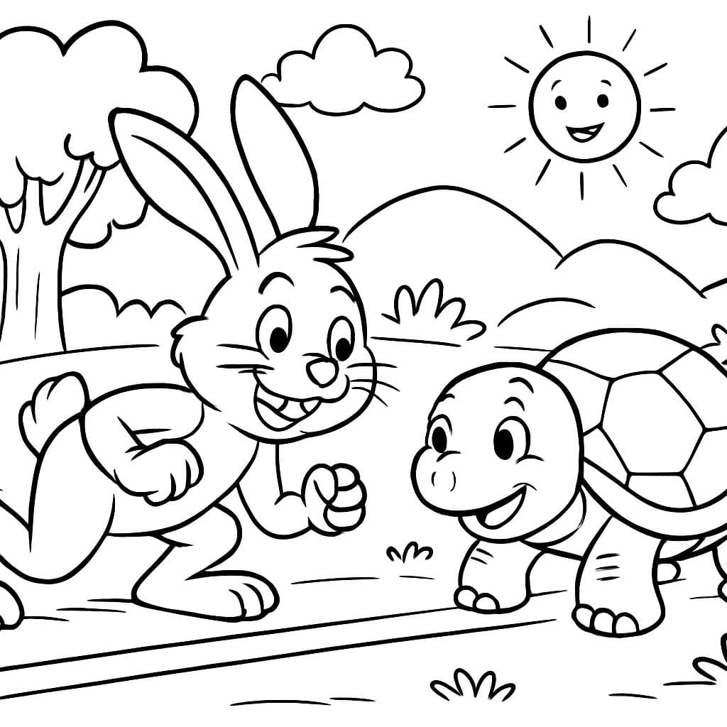 La liebre y la tortuga línea de salida animada y a color.