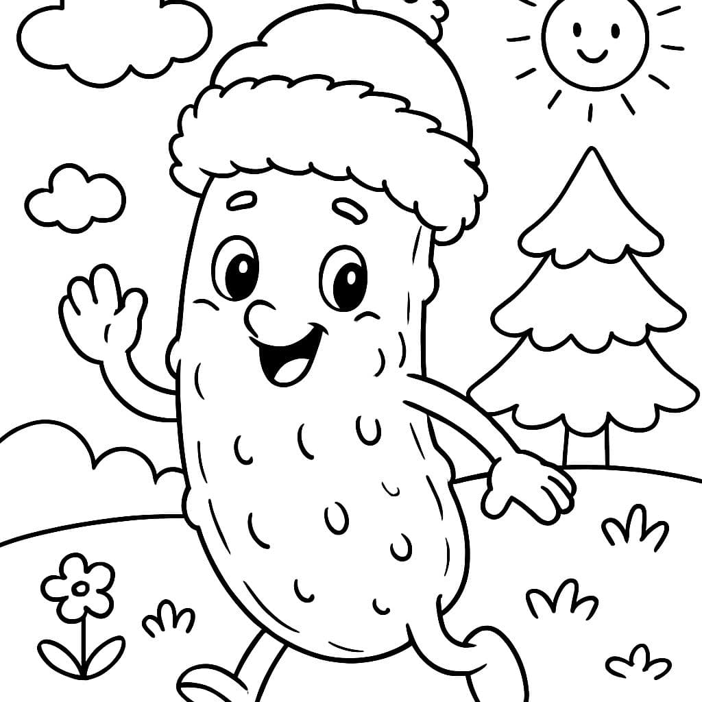 Gewürzgurke mit einem süßen Gesicht und einem flauschigen Hut