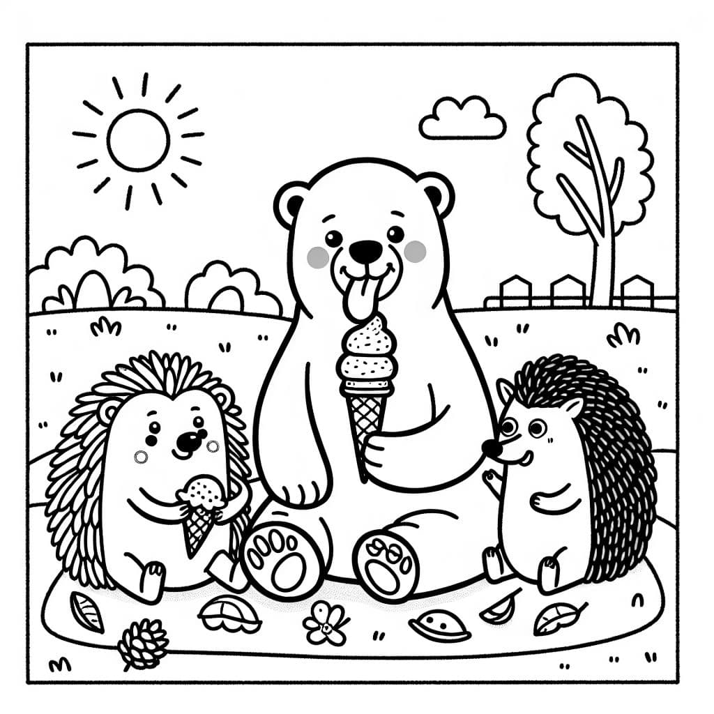 Un oso polar disfrutando de un helado con sus amigos, un erizo y un perro colorido.
