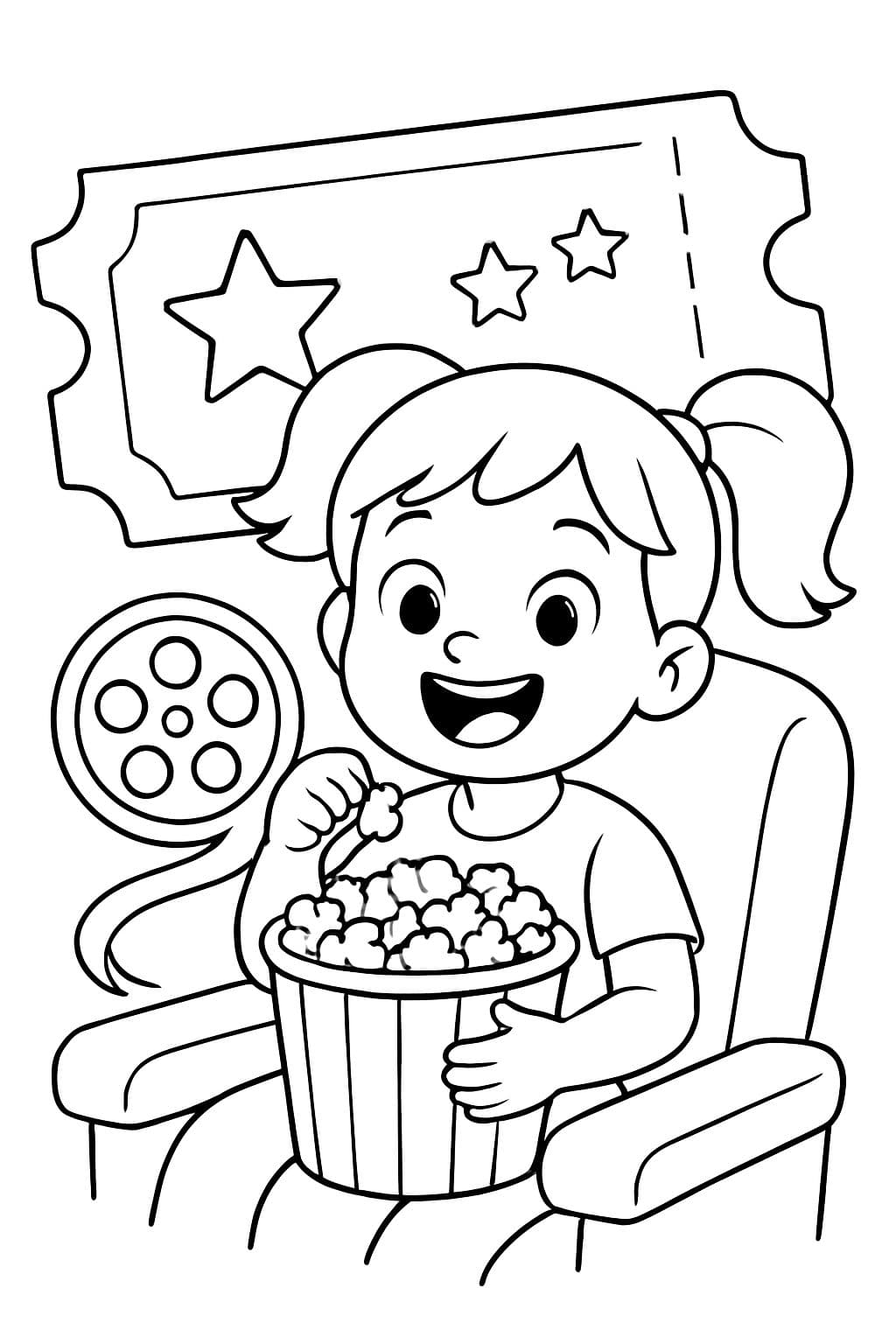 Un boleto de cine con una niña comiendo palomitas.