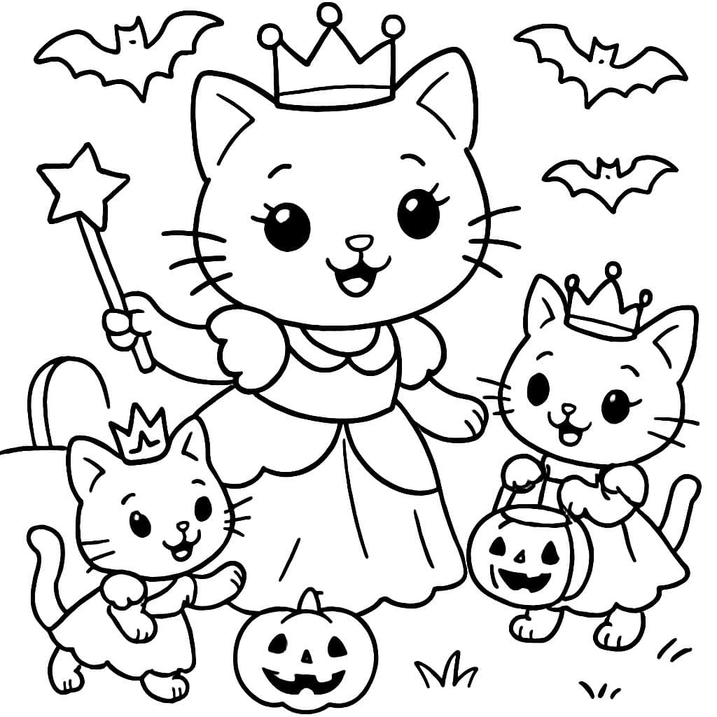 chat princesse jouant avec des chatons princesses halloween