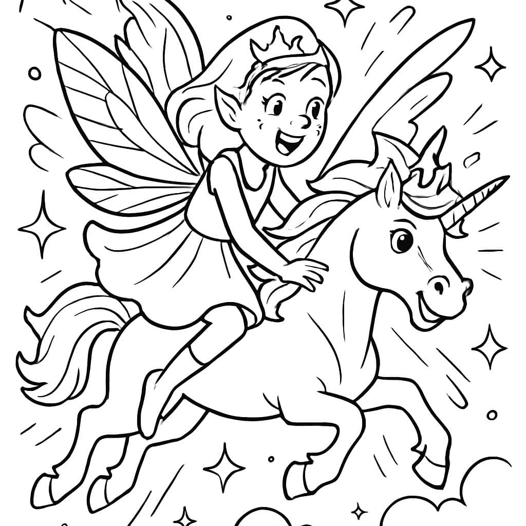 Fée avec robe et ailes et paillettes sur le visage et couronne sur licorne avec ailes