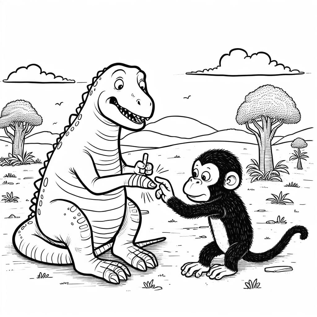 Dinosaurier, der sich am Finger weh getan hat. ein Affe klebt ihm ein Pflaster auf den Finger