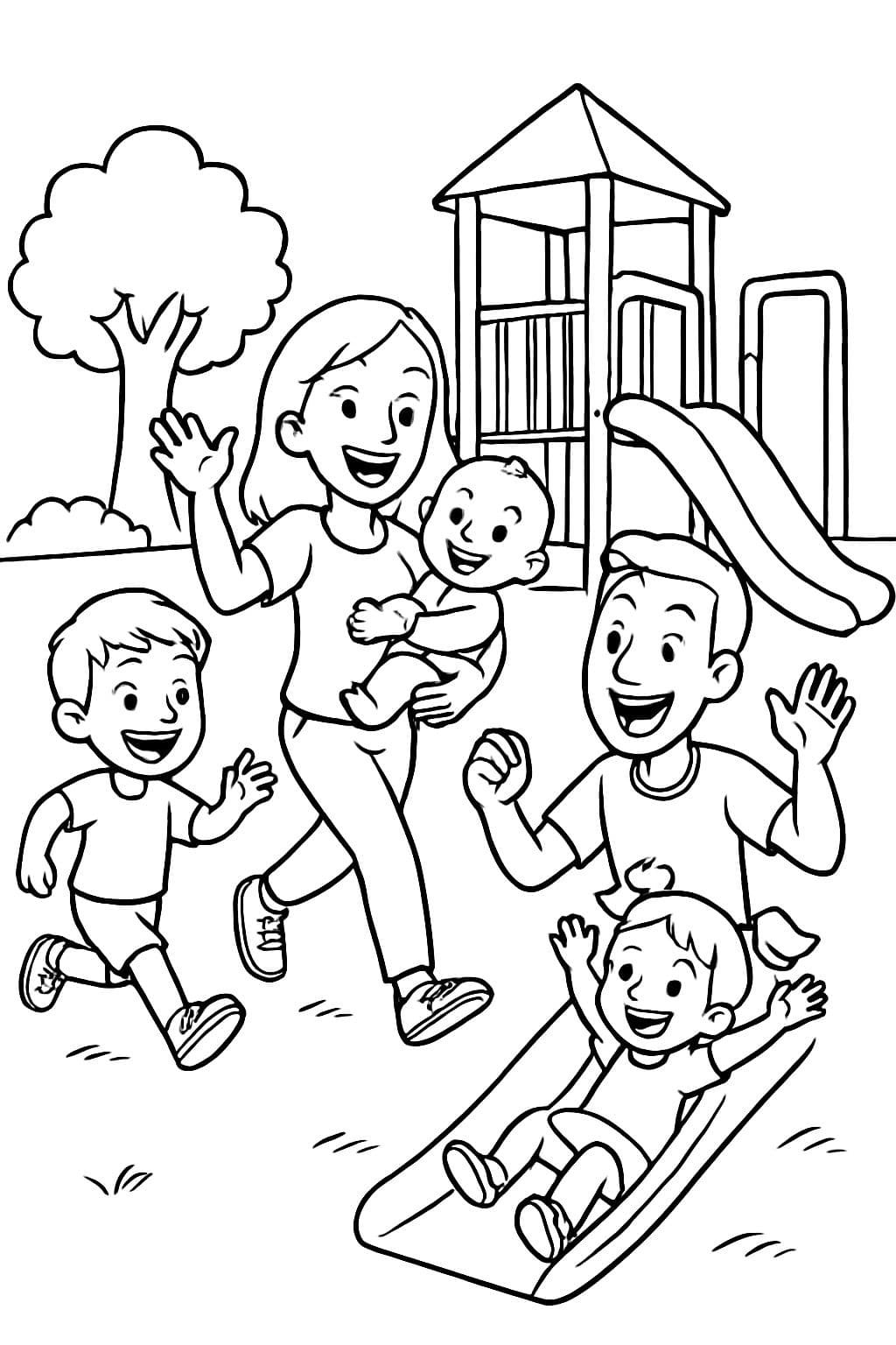 Familia con niños y bebé en el parque infantil