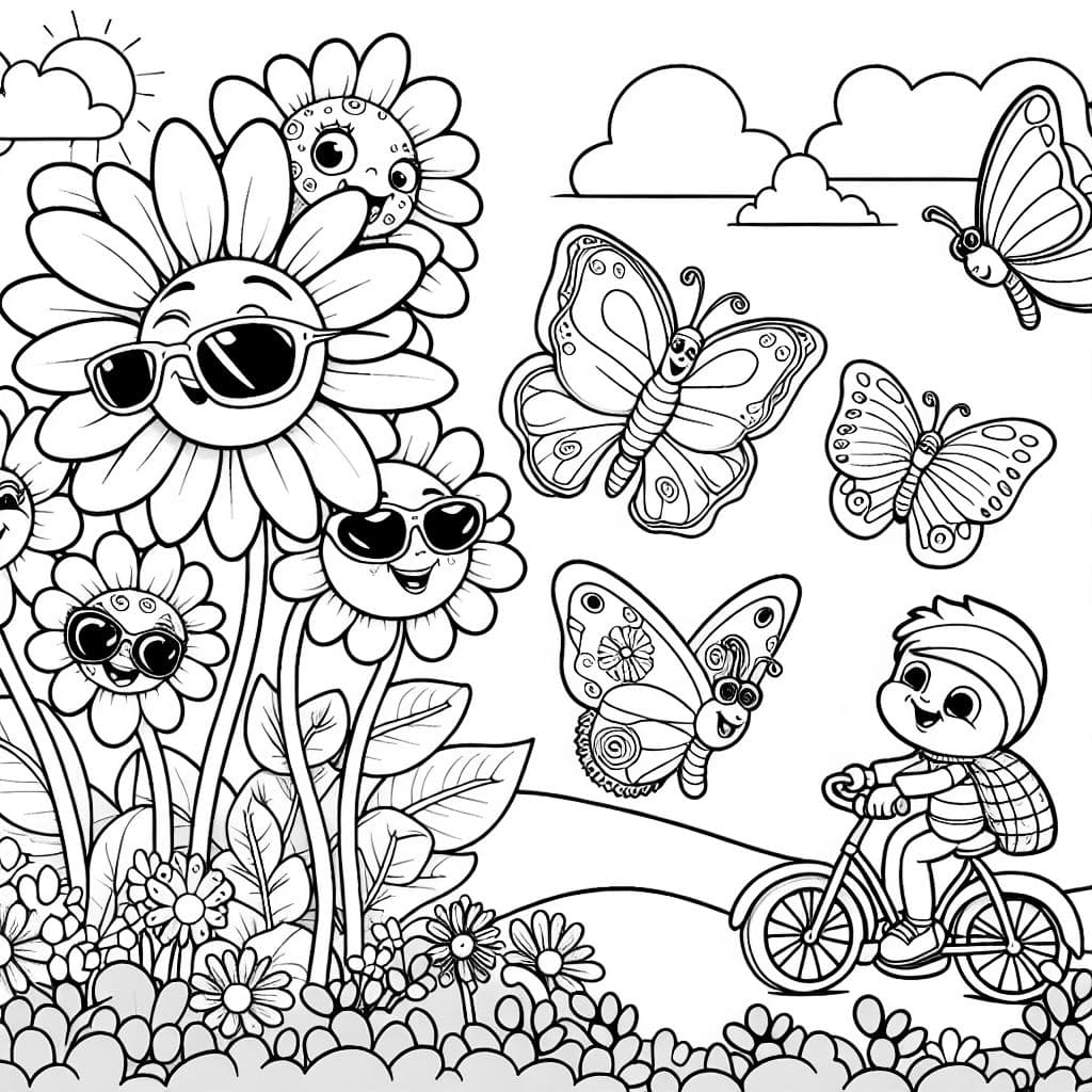 An imaginative garden where flowers have faces, butterflies wear tiny sunglasses, and caterpillars ride miniature bicycles.