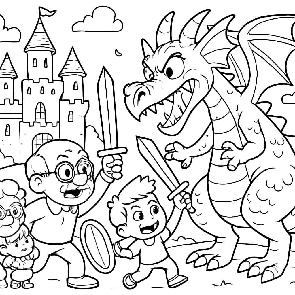 castillo grande, dragón aterrador, abuelo y niño luchan contra el dragón, protegen a la abuela y a la niña pequeña