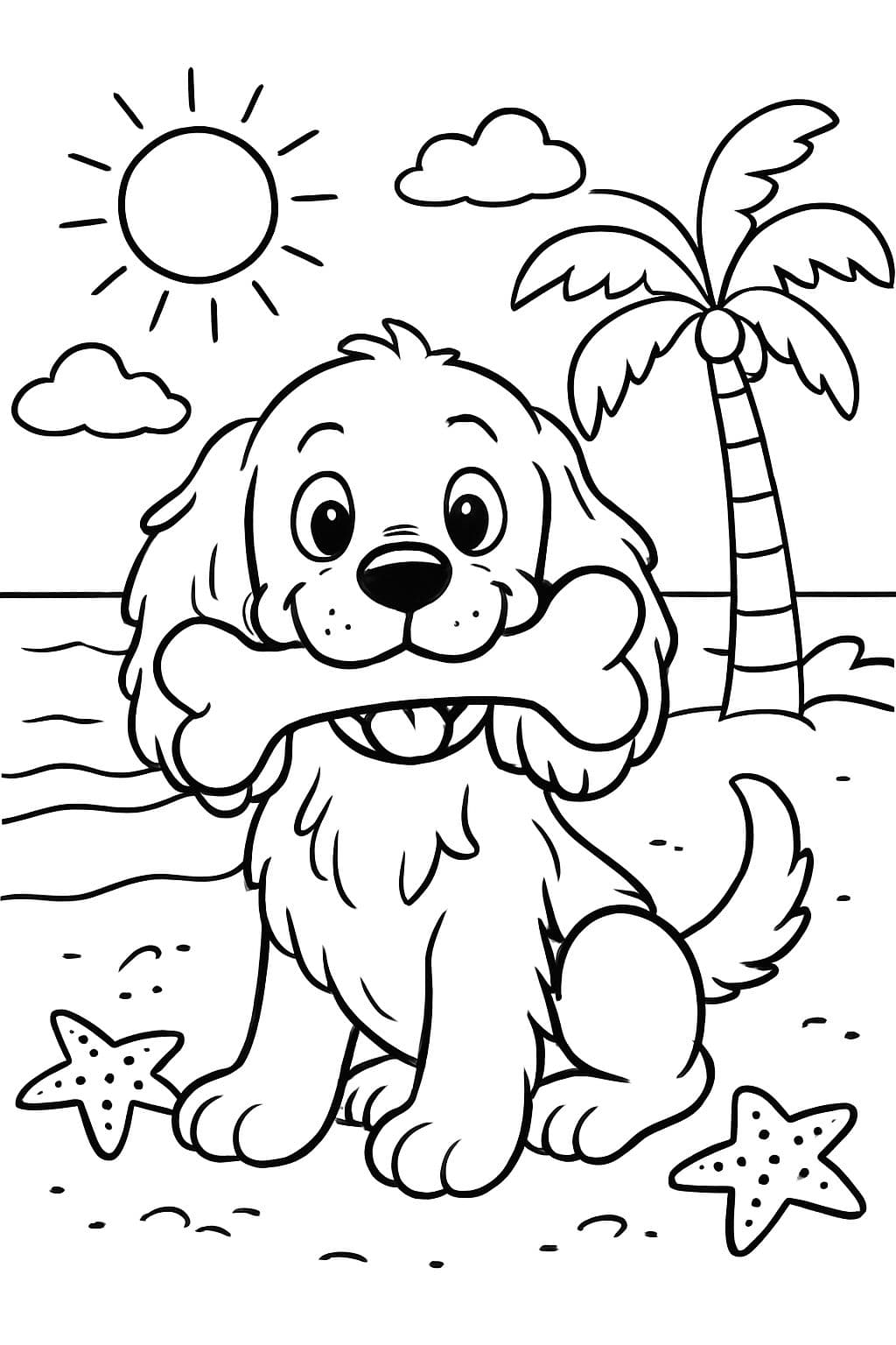 Epagneul spaniel con un gran hueso sentado en la playa.