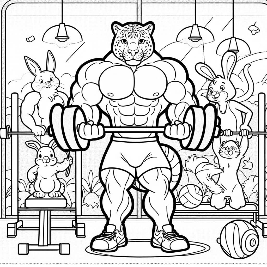Un puma très musclé qui soulève un poids lourd à la salle de sport et dont ses amis le complimentent.