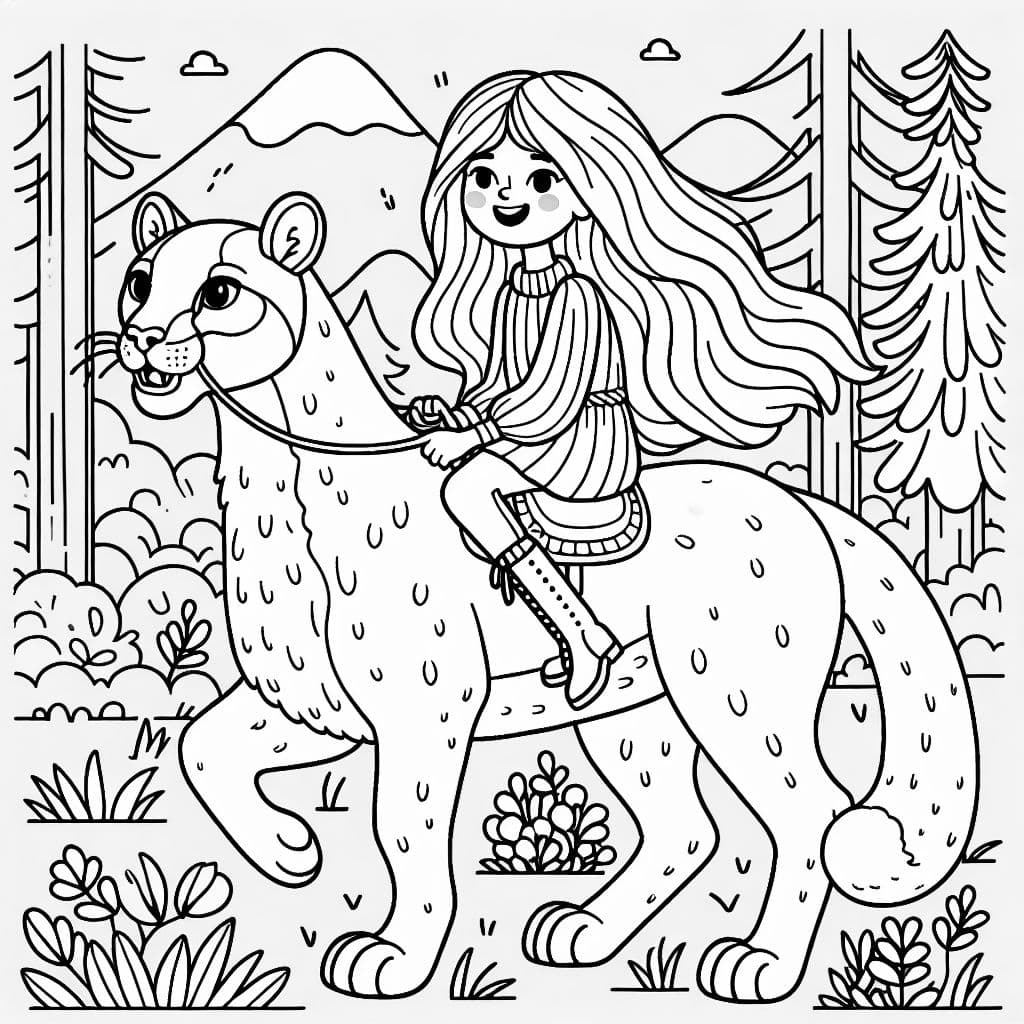 Niña rubia de nueve años con cabello largo montando un puma