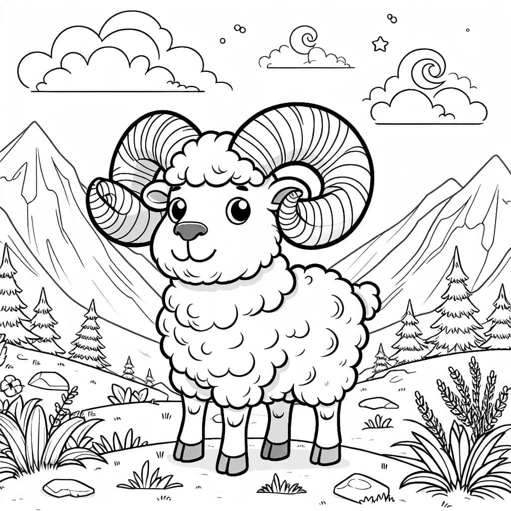 Dibujo en blanco y negro al estilo de un libro para colorear, sin sombreado, con alto contraste y contornos limpios y suaves. Simple pero detallado, diseñado para niños (de 7 a 12 años). Un carnero amigable y de estilo de dibujos animados con grandes cuernos curvados, que se mantiene con confianza en un paisaje montañoso. El fondo incluye montañas fáciles de colorear, plantas completas y de aspecto natural, y algunas nubes o estrellas simples.