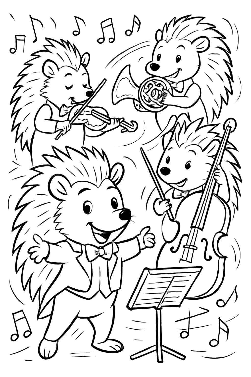Una orquesta compuesta por erizos tocando música clásica - muchos detalles.