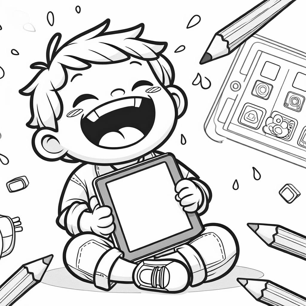 Ein Kind was ein iPad in der Hand hat und komisch lacht