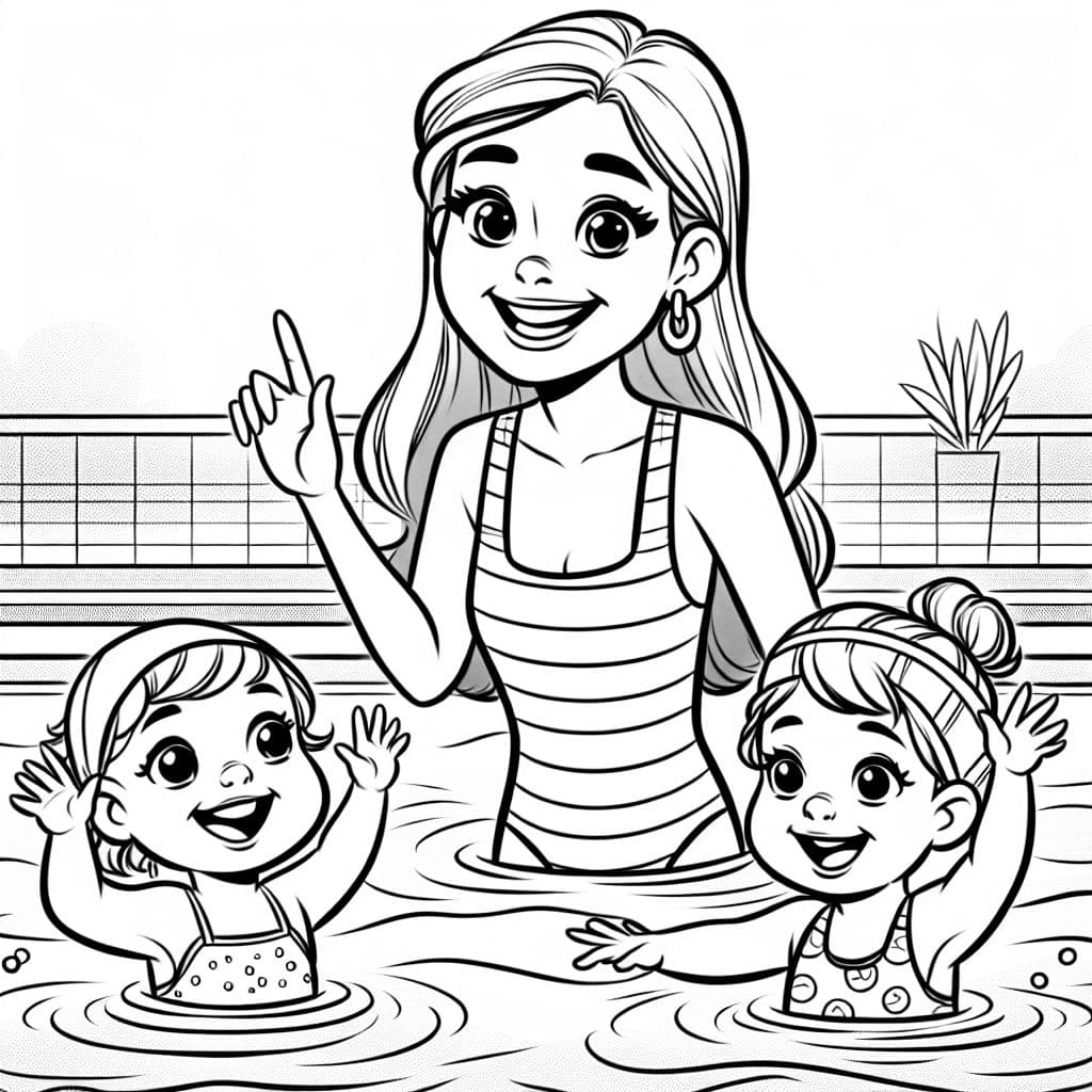 A smiling female swim instructor teaching two toddler girls to swim