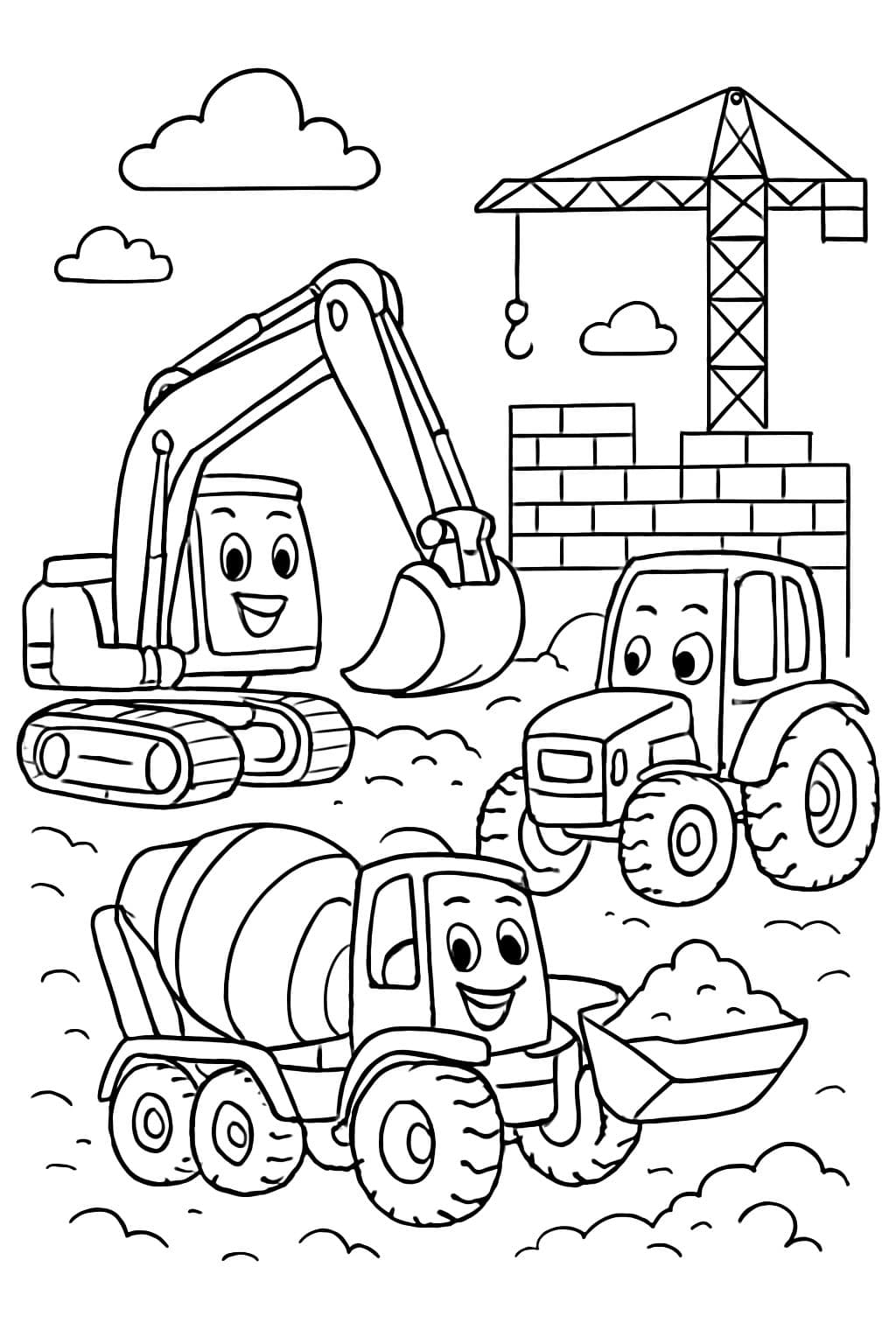 una excavadora, una hormigonera y un tractor trabajando en una obra de construcción