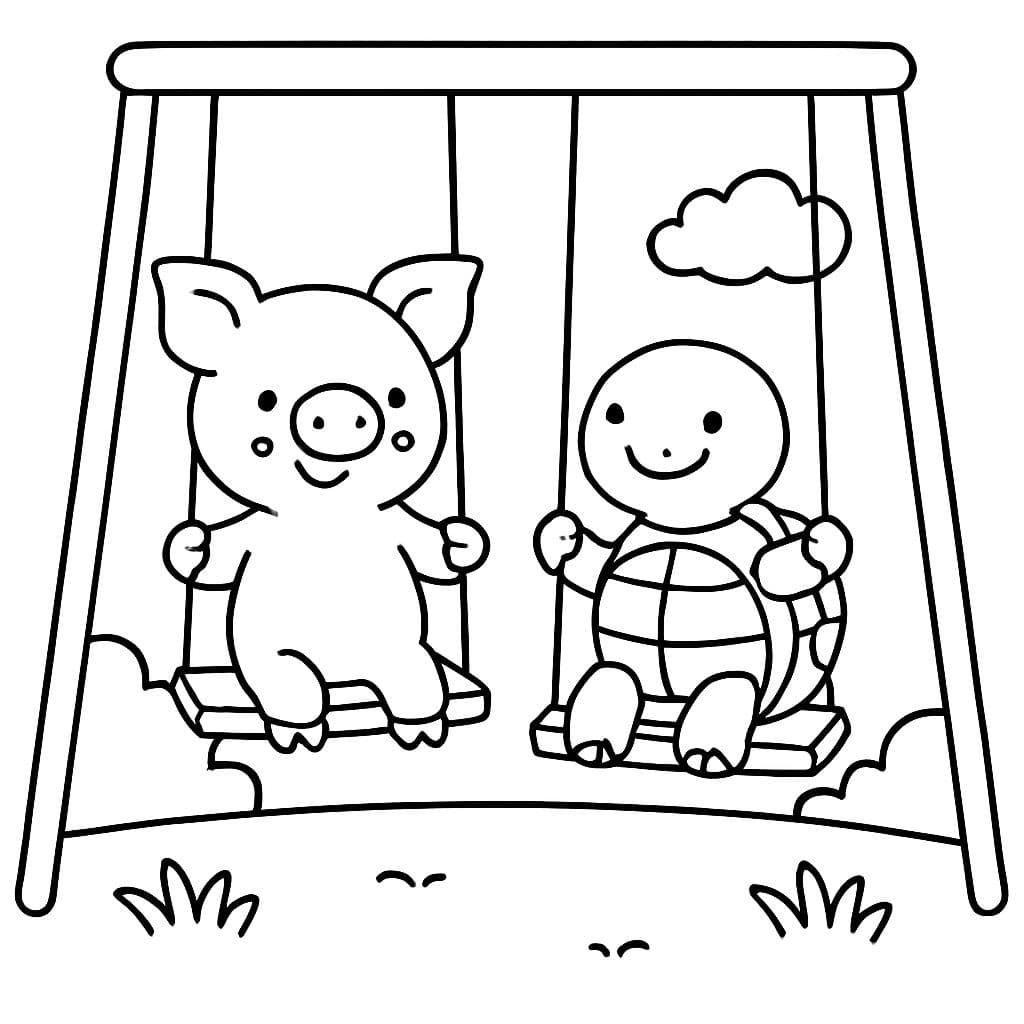 cochon et tortue de mer se balançant dans le parc de jeux