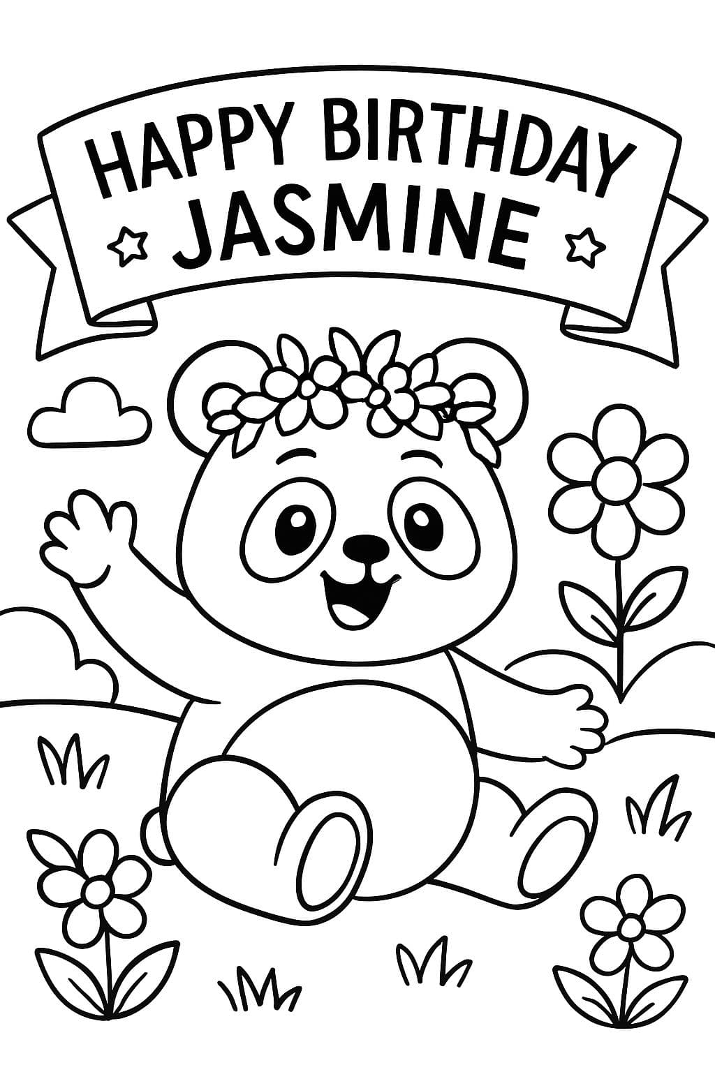 Panda mit Blumenkrone, der 'Herzlichen Glückwunsch zum Geburtstag, Jasmine' sagt.