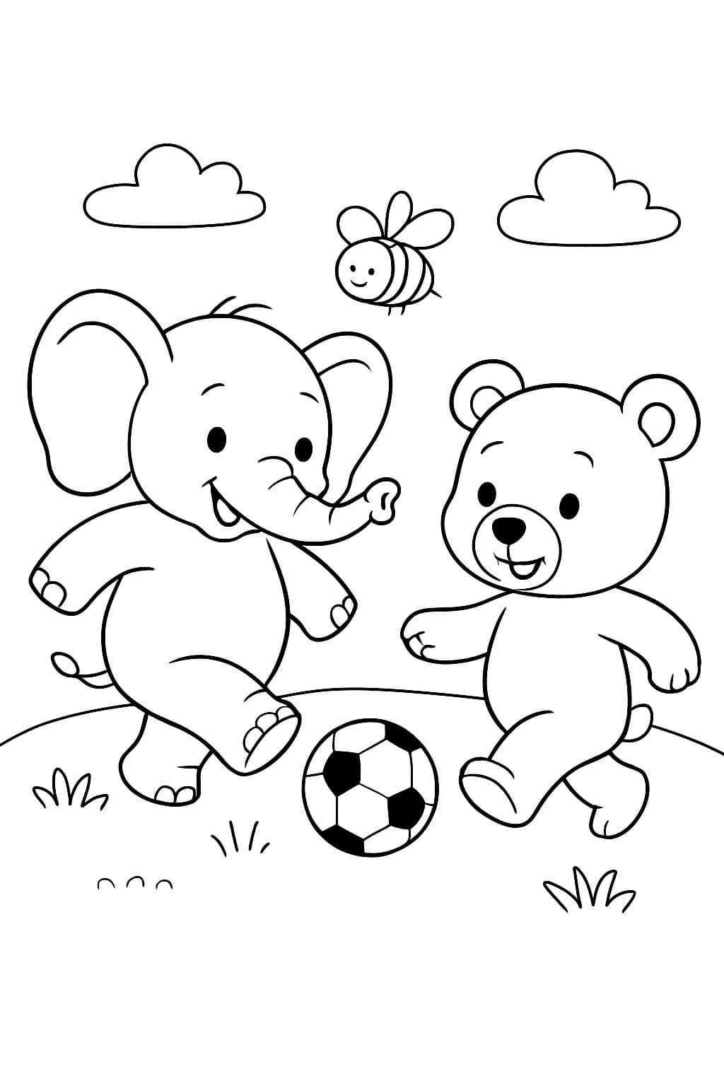 Elefant und eine Hummel und ein Bär spielen Fußball