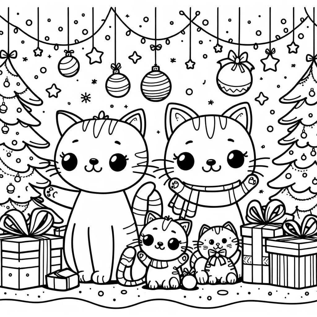 eine Katzenfamilie, bestehend aus mama, Papa, einem Katzenmädchen und einem Baby. das Bild soll weihnachtlich sein.
