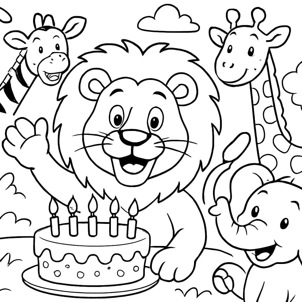 un león con animales del zoológico y un pastel de cumpleaños con 5 velas