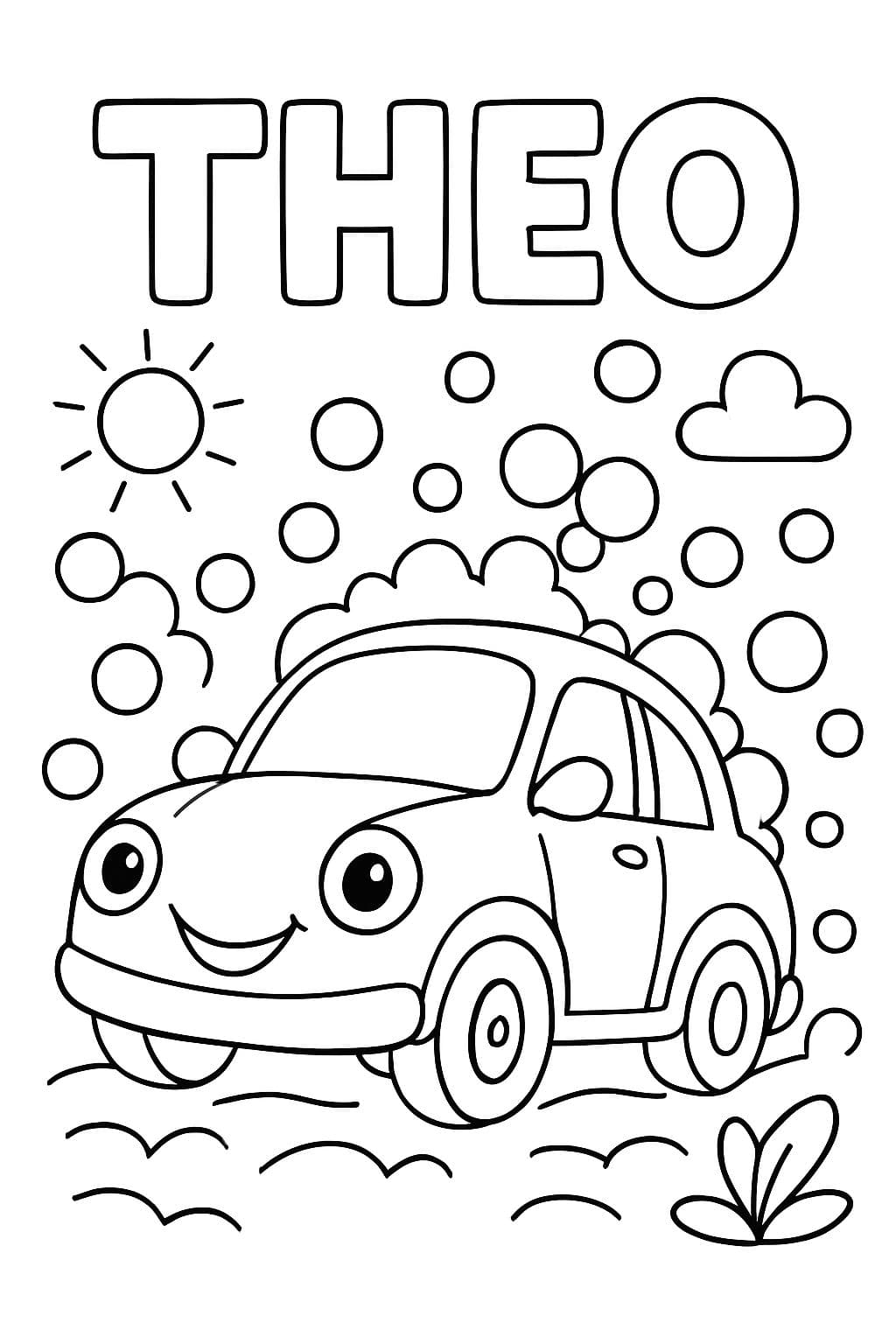 Une voiture était avec une voiture avec des bulles et le nom de Theo en haut de la page.