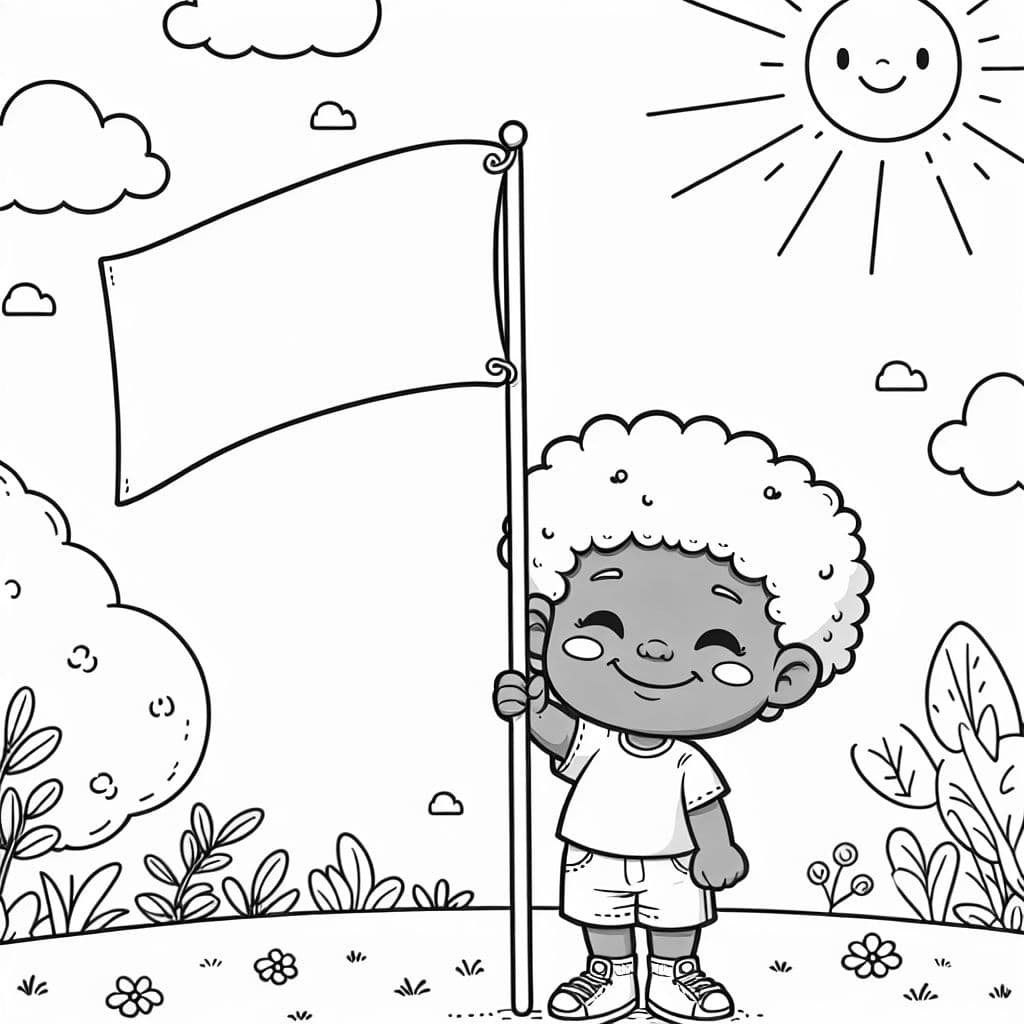 Un niño afroamericano sosteniendo una bandera en blanco. Similar a la imagen en el libro 'Los ABC de la historia negra' de Rio Cortez.