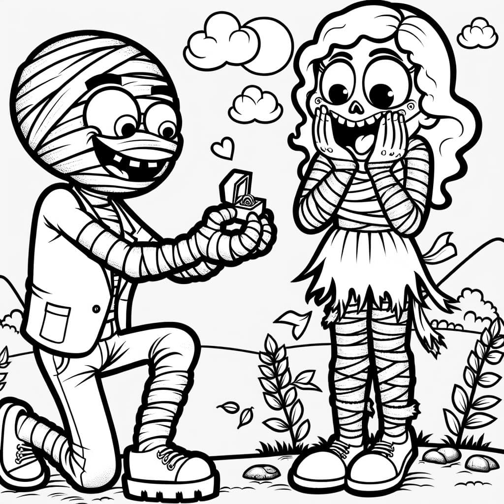 mummy proposing to a zombie with a ring on a hand