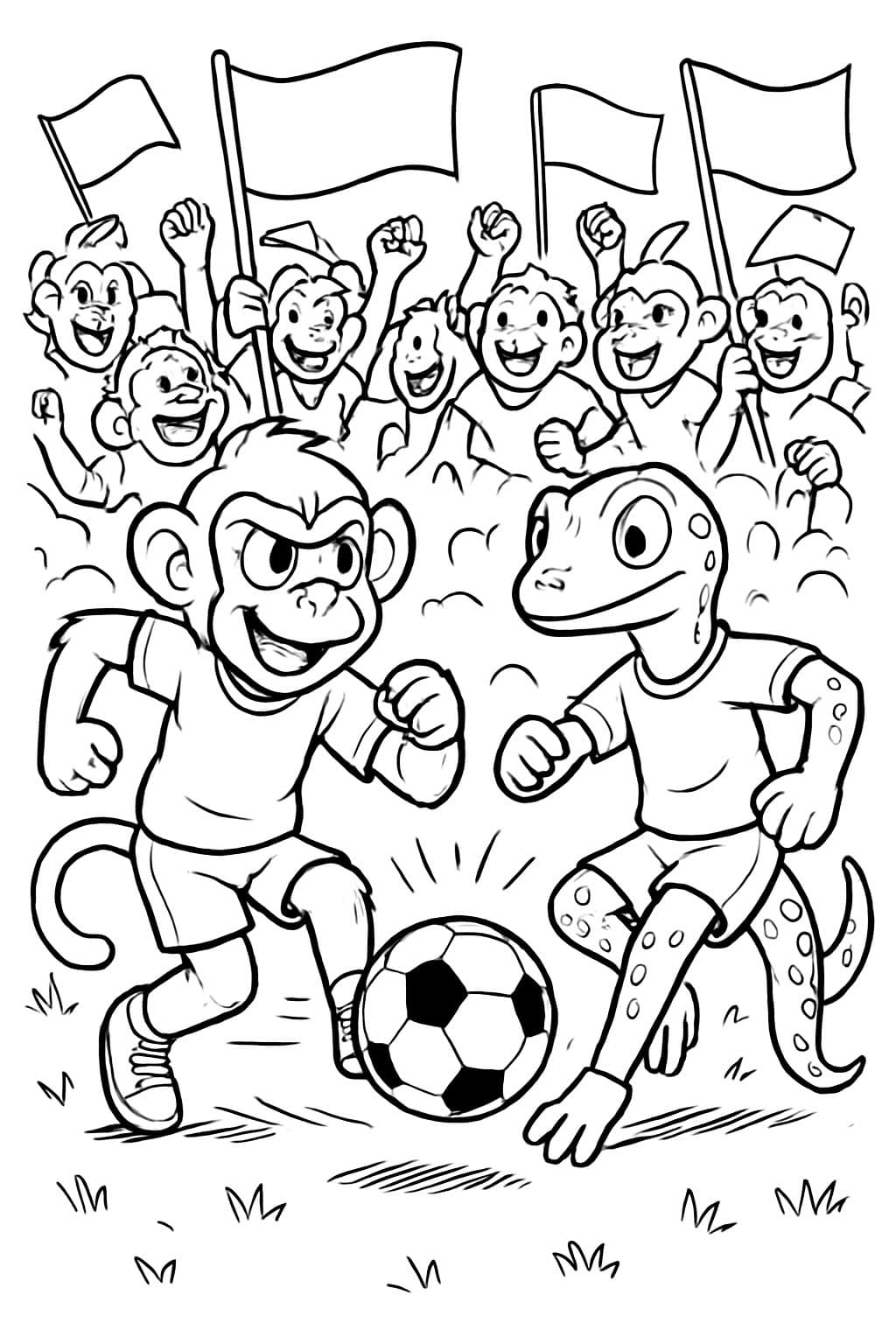 A monkey and a gecko playing football against each other with mixed monkey and gecko fans waving flags