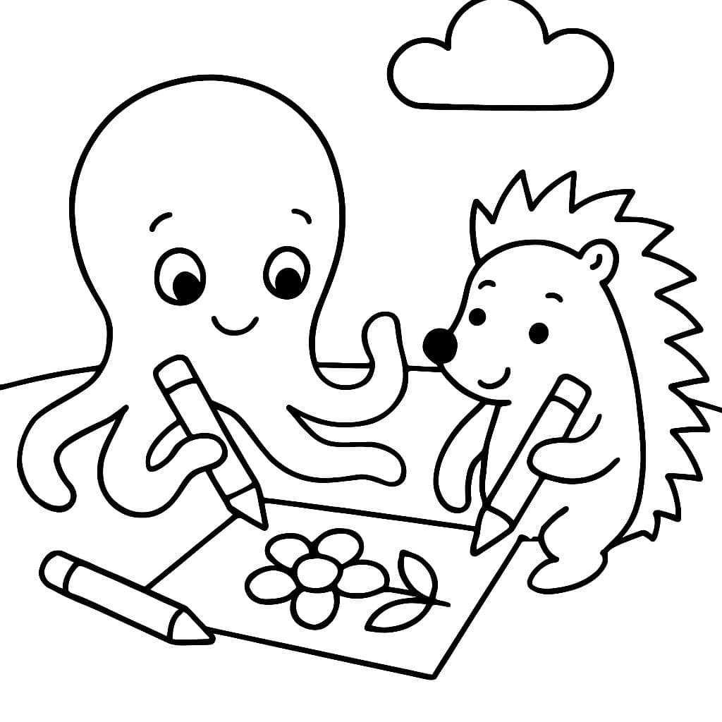 einen Oktopus, der mit einem Igel gemeinsam Bilder ausmalt
