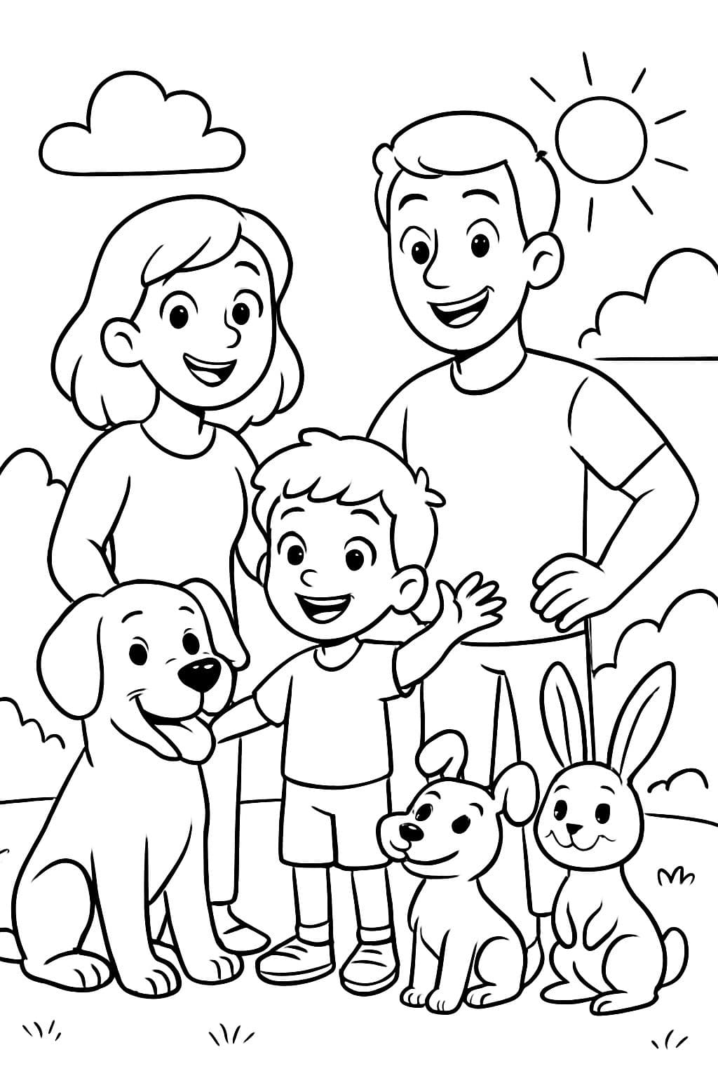 une famille avec une maman, un papa, un petit garçon, un grand chien, un petit chien et un lapin