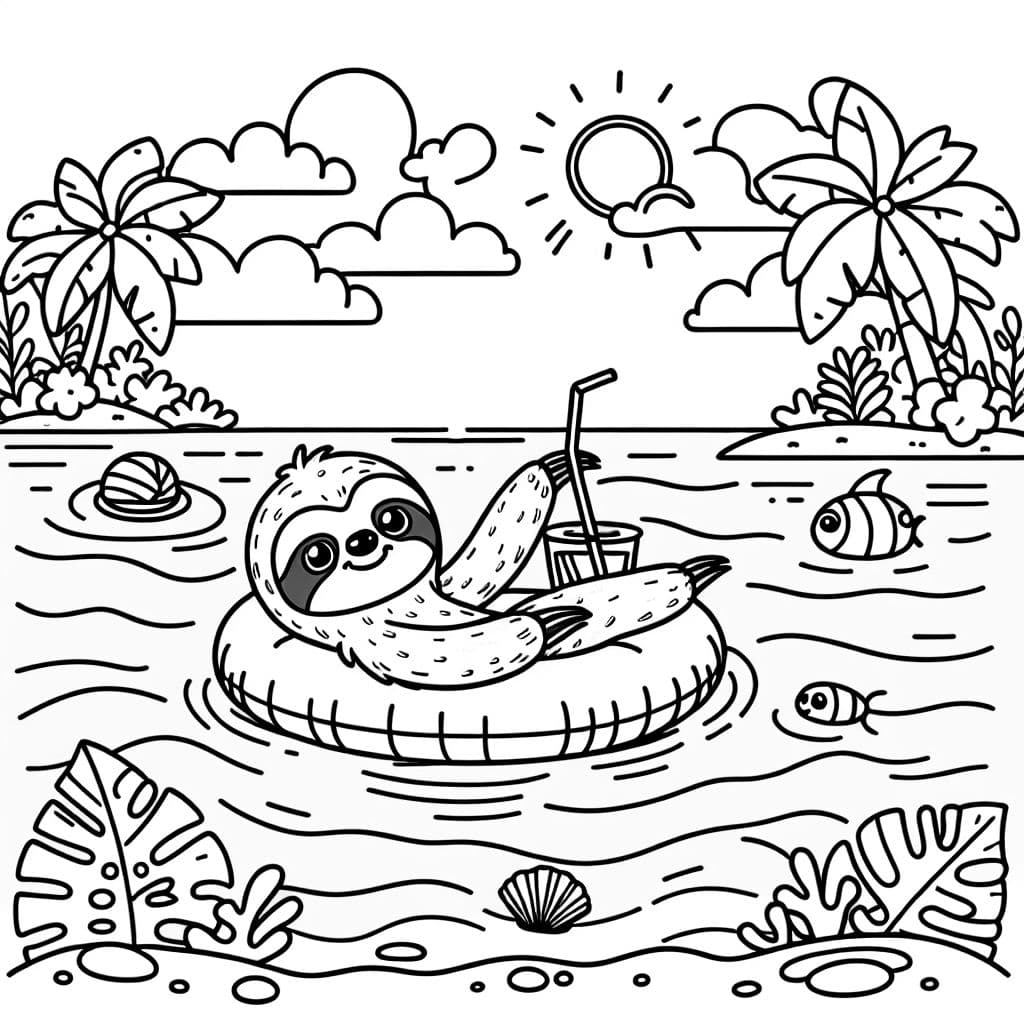 Ein Faultier, das auf einem Faultierreifen im pool schwimmt