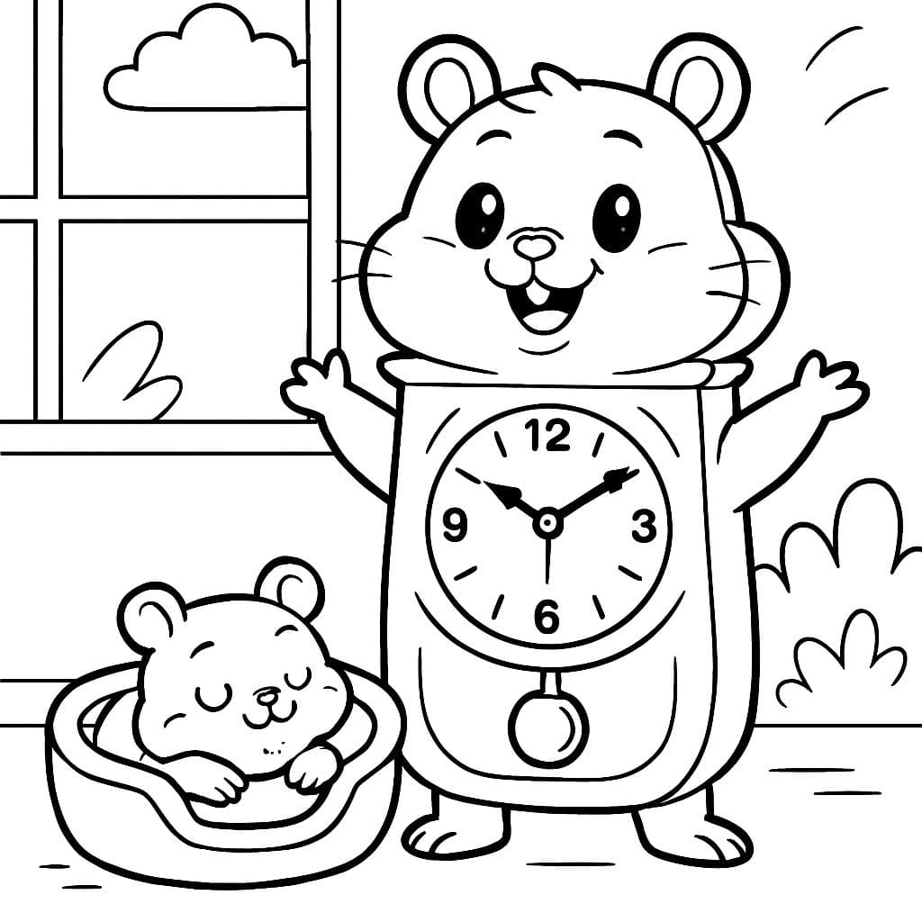 a cute hamster that is also a grandfather clock, and a baby hamster in a doggy bed next to it