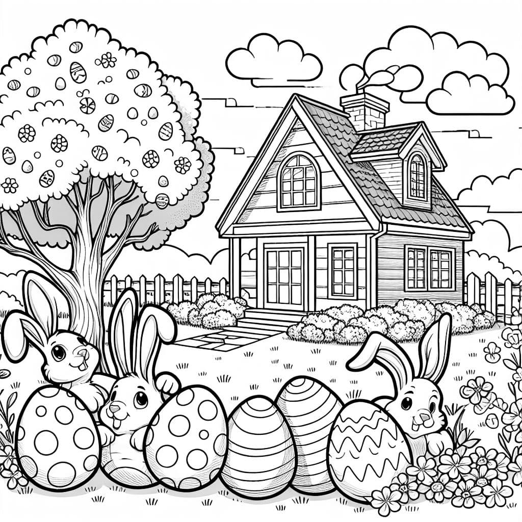 Ein Haus zu Ostern mit Eiern und Hasen auf dem Rasen