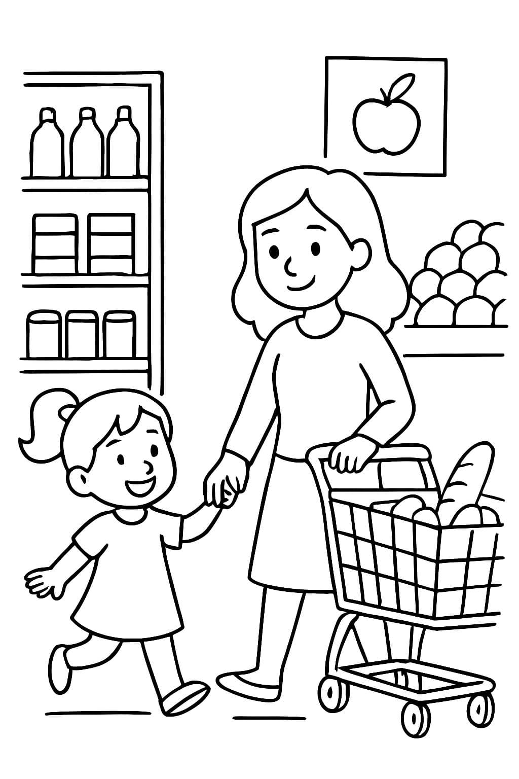 ein Mädchen geht mit Ihrer Mama im Supermarkt einkaufen