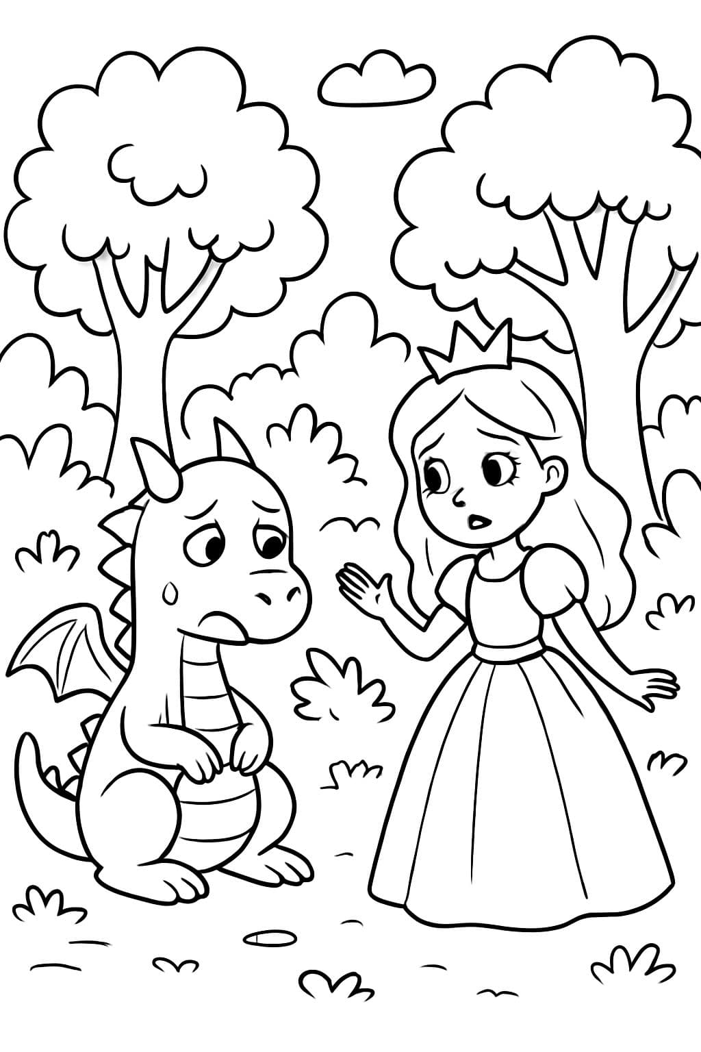ein trauriger Drache und eine Prinzessin in einem Wald