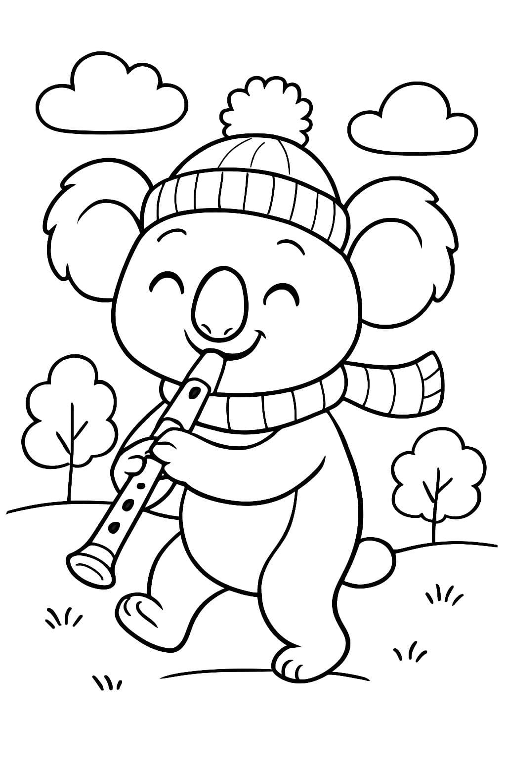 Un koala portant un bonnet à pompon et une écharpe jouant de la flûte à bec
