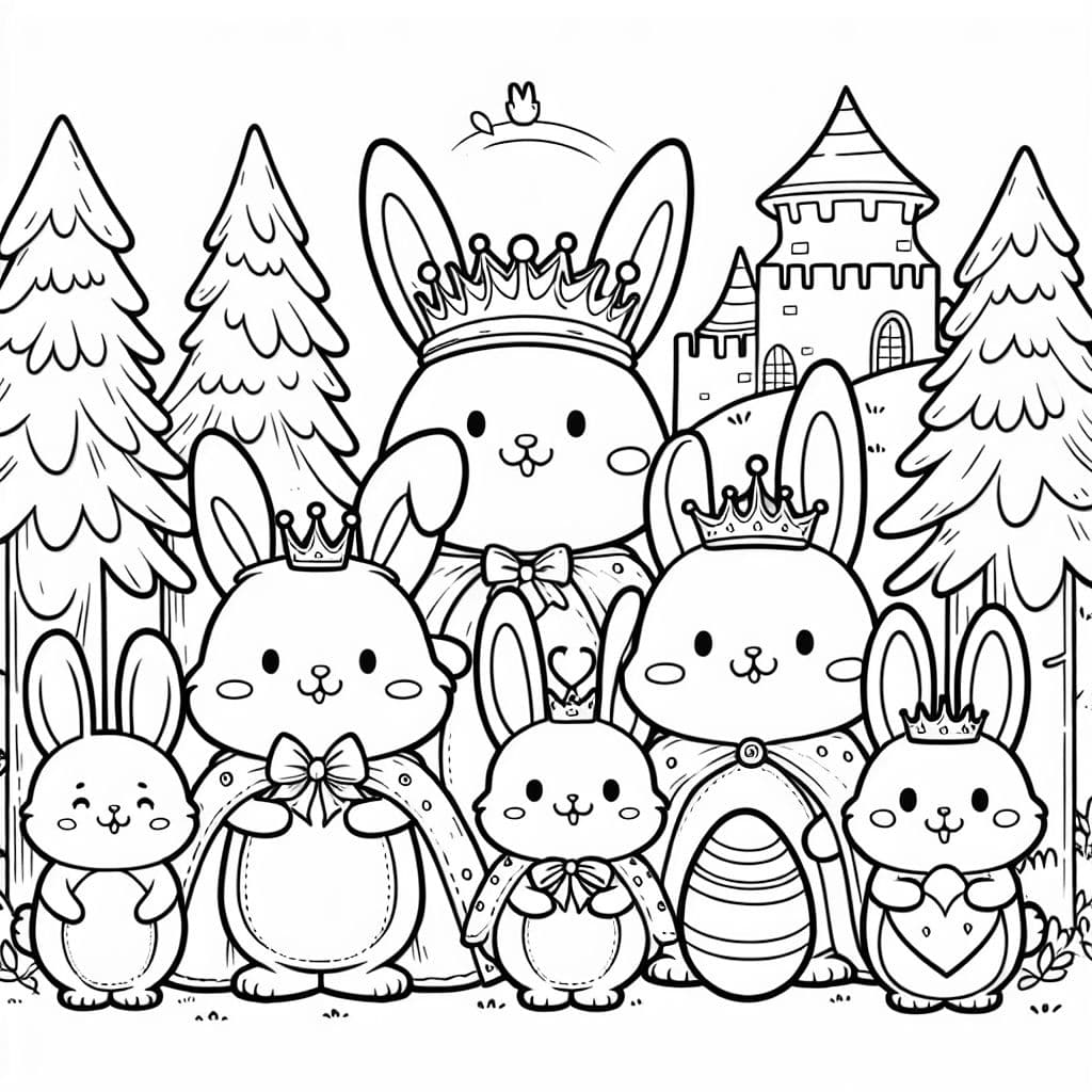 king bunny, queen bunny, baby bunny, prince bunny, princess bunny with a nice egg in the woods with a castle