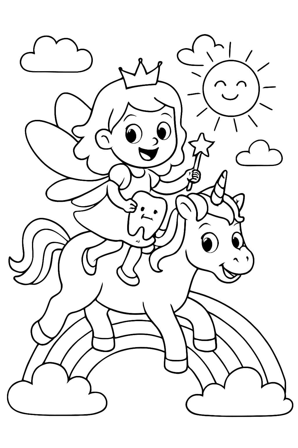 unicornio con una corona, sobre él monta una hada de los dientes que camina sobre un arcoíris