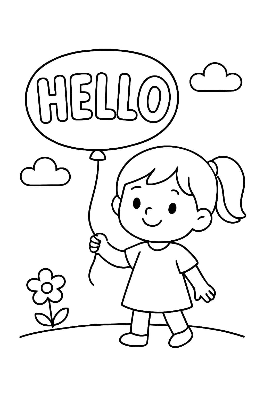 Una niña con un globo formando la palabra hola.