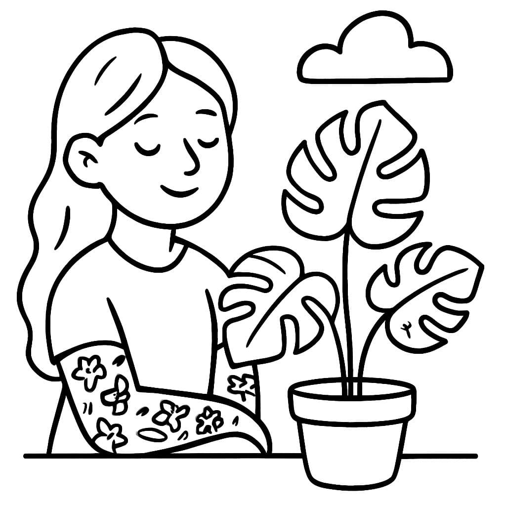 plante monstera avec jeune femme avec des tatouages sur les bras