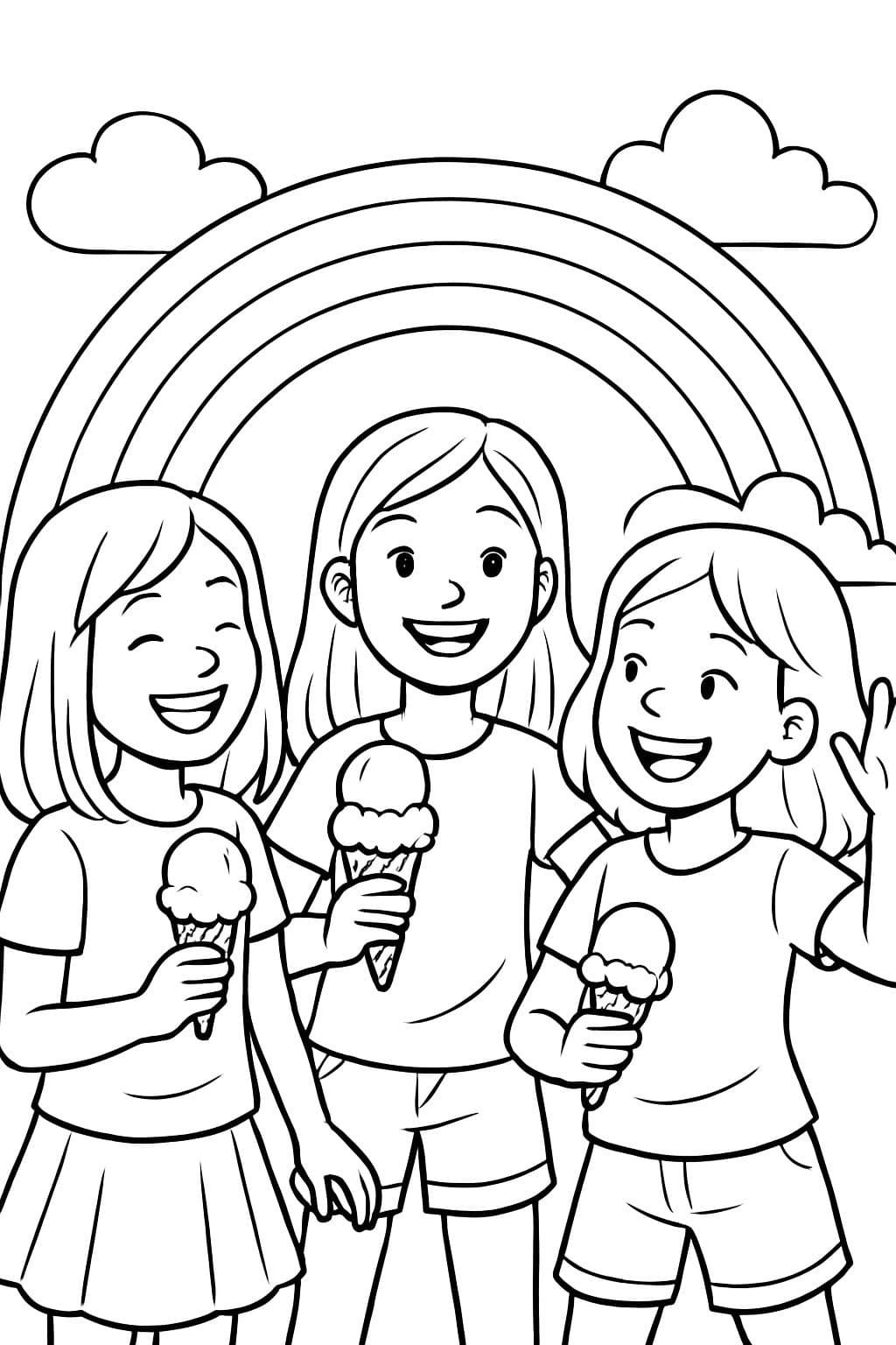 3 filles avec des glaces et des cheveux aux épaules, arc-en-ciel, meilleures amies, bonne humeur, arc-en-ciel