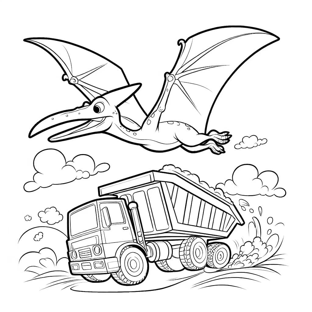 einen Pteranodon, der über einen Muldenkipper fliegt