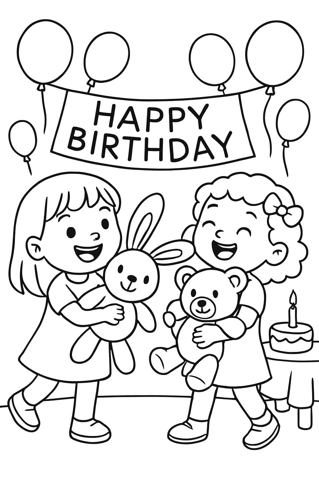 Two little girls playing with soft toys at a three year olds birthday party.