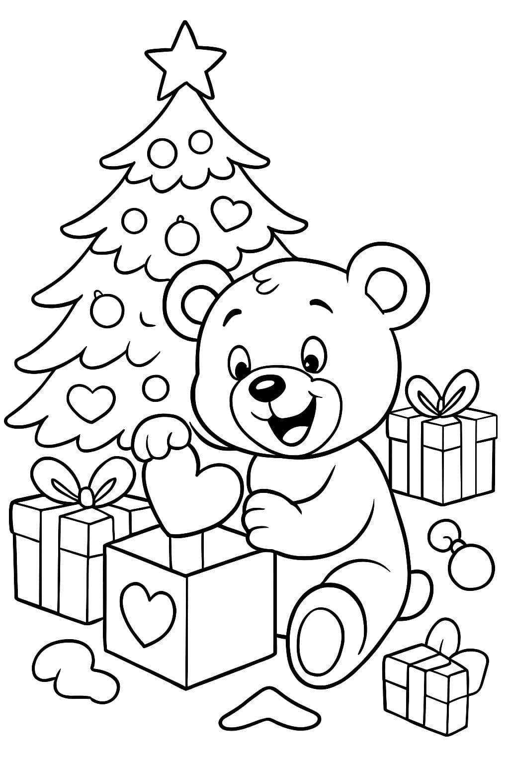 einen sitzenden Teddybären vor einem Weihnachtsbaum, der Herzen und andere Geschenke auspackt